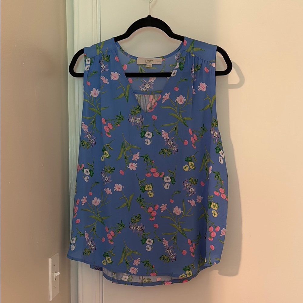LOFT Blue Sleeveless Blouse with Floral Design
